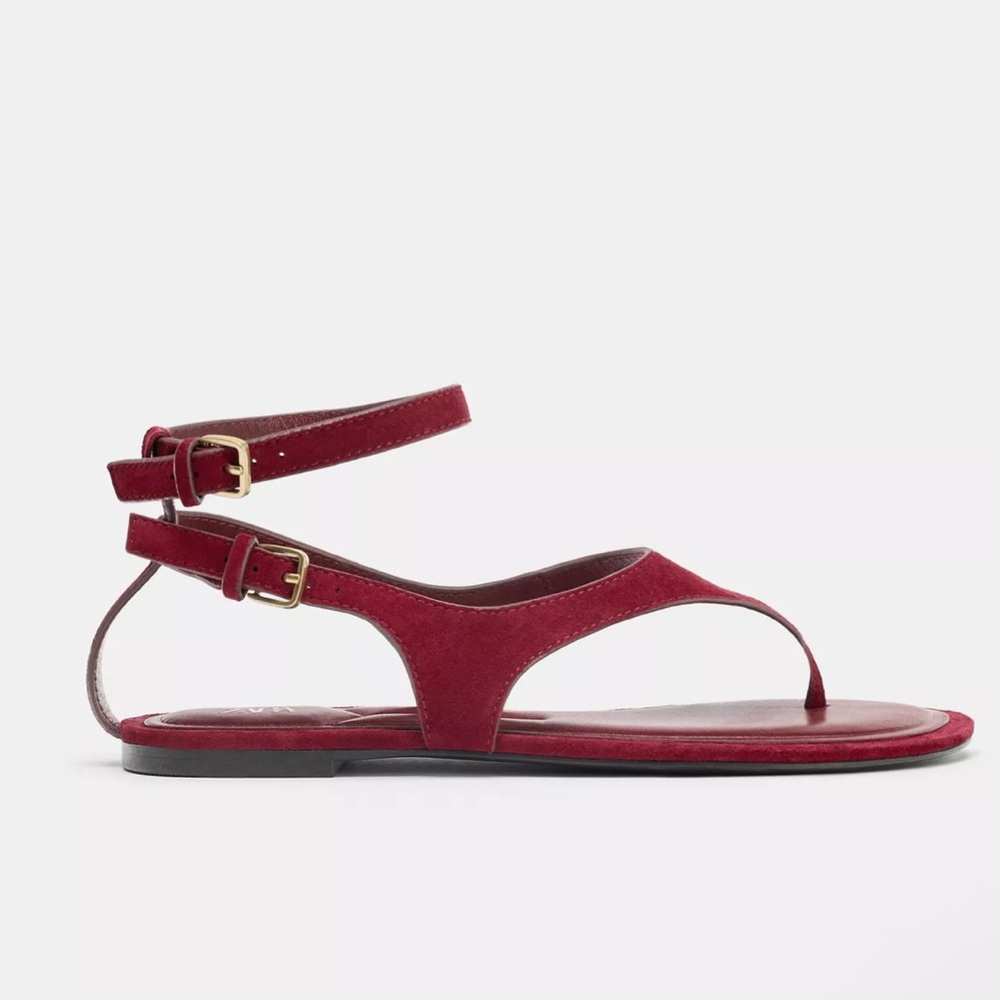 NWT ZARA SPLIT LEATHER FLAT TOE LOOP SANDALS IN R… - image 3